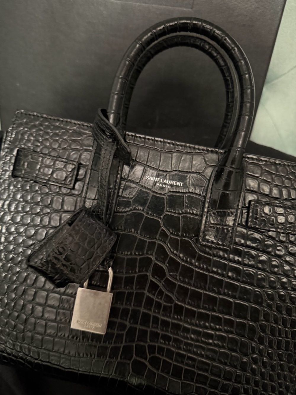 Authentic Saint Laurent Black Croc-Embossed Leather Top Handle Satchel - Picture 13 of 14